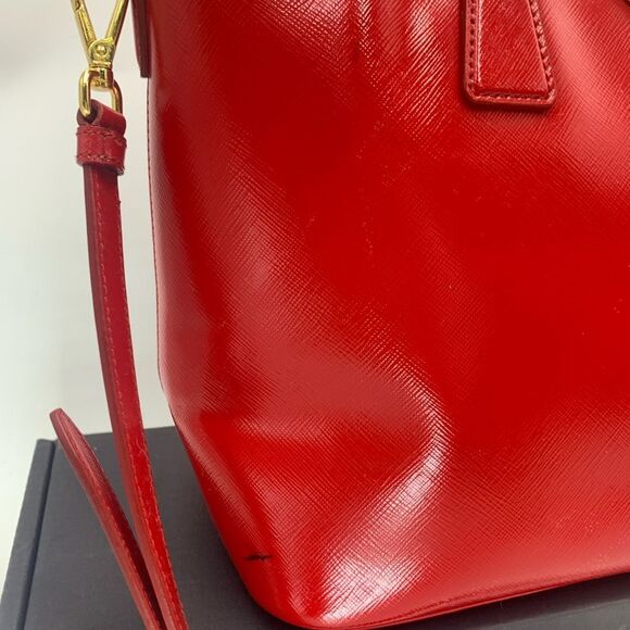 Prada Saffiano Vernice Rosso Red Leather Tote Bag Auth Preloved Patent Purse - Picture 10 of 15